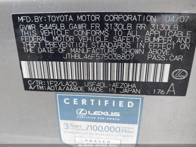 45233833 :رقم المزاد ، JTHBL46F575038807 vin ، 2007 Lexus Ls 460 مزاد بيع