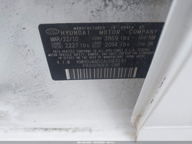 Продажа на аукционе авто 2010 Hyundai Elantra Gls, vin: KMHDU4AD2AU043193, номер лота: 45233850