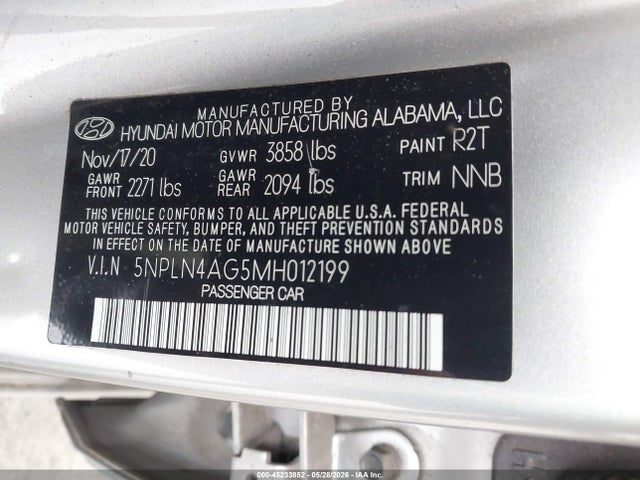 45233852 :رقم المزاد ، 5NPLN4AG5MH012199 vin ، 2021 Hyundai Elantra Sel مزاد بيع