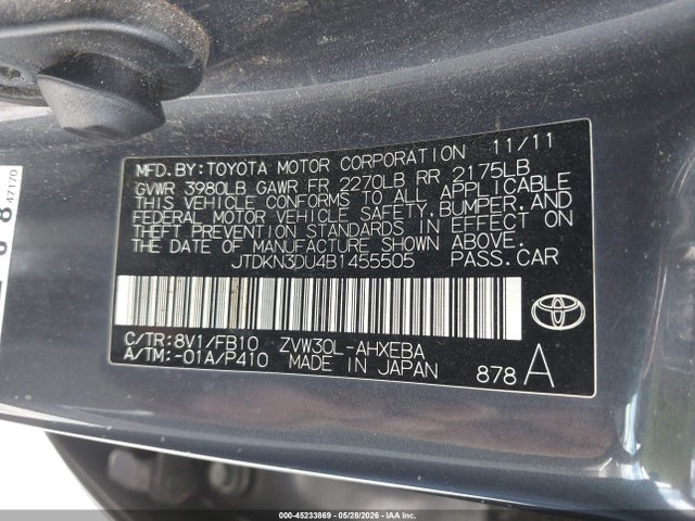 Aukcja sprzedaży 2011 Toyota Prius Two, vin: JTDKN3DU4B1455505, numer aukcji: 45233869