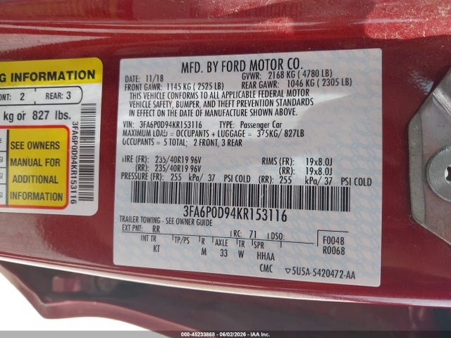 2019 Ford Fusion Titanium მანქანა იყიდება აუქციონზე, vin: 3FA6P0D94KR153116, აუქციონის ნომერი: 45233868