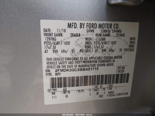 45233891 :رقم المزاد ، 2FMDK3GC5BBA51715 vin ، 2011 Ford Edge Se مزاد بيع