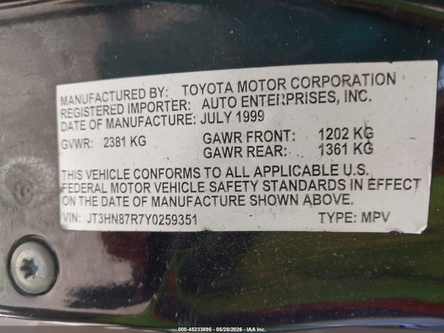 45233895 :رقم المزاد ، JT3HN87R7Y0259351 vin ، 2000 Toyota 4runner Limited مزاد بيع