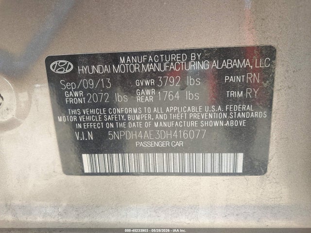 Продаж на аукціоні авто 2013 Hyundai Elantra Limited, vin: 5NPDH4AE3DH416077, номер лоту: 45233903