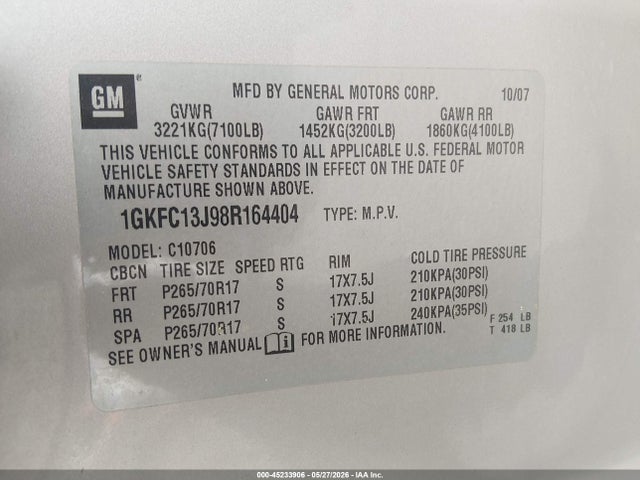 45233906 :رقم المزاد ، 1GKFC13J98R164404 vin ، 2008 Gmc Yukon Sle مزاد بيع