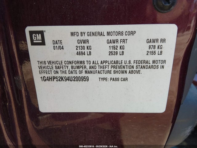Продажа на аукционе авто 2004 Buick Lesabre Custom, vin: 1G4HP52K94U200959, номер лота: 45233916