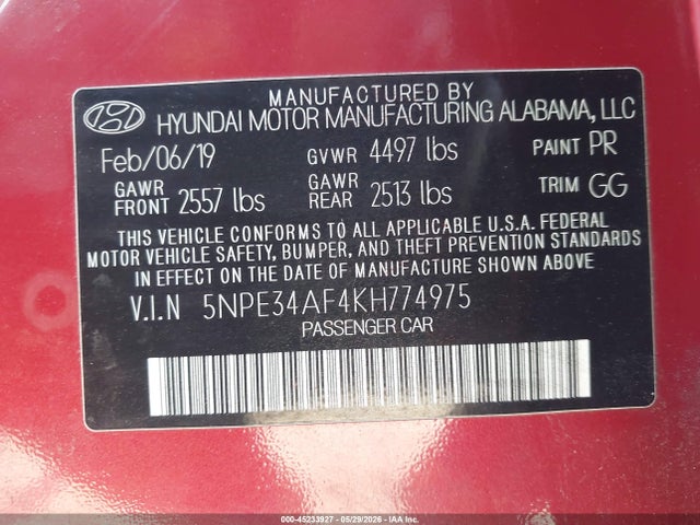 Продаж на аукціоні авто 2019 Hyundai Sonata Sel, vin: 5NPE34AF4KH774975, номер лоту: 45233927