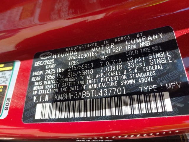 Продажа на аукционе авто 2026 Hyundai Kona Sel Sport, vin: KM8HF3AB5TU437701, номер лота: 45233945