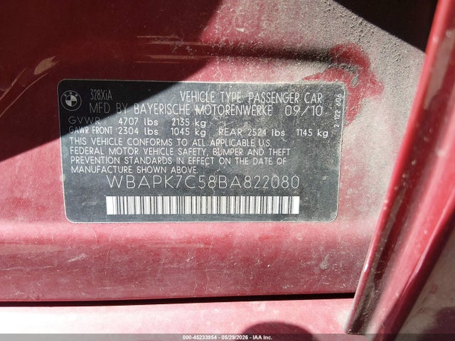 2011 Bmw 328i Xdrive მანქანა იყიდება აუქციონზე, vin: WBAPK7C58BA822080, აუქციონის ნომერი: 45233954
