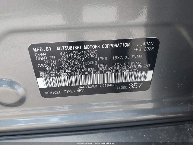 Aukcja sprzedaży 2026 Mitsubishi Outlander Sport 2.0 Es/2.0 Le/2.0 Ralliart/2.0 S/2.0 Se/2.0 Trail Edition, vin: JA4ARUAU1TU019408, numer aukcji: 45233961