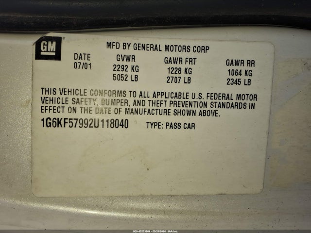 Продажа на аукционе авто 2002 Cadillac Deville Dts, vin: 1G6KF57992U118040, номер лота: 45233964