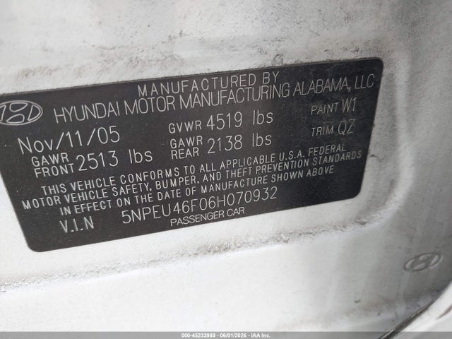 Продажа на аукционе авто 2006 Hyundai Sonata Gls V6/lx V6, vin: 5NPEU46F06H070932, номер лота: 45233989