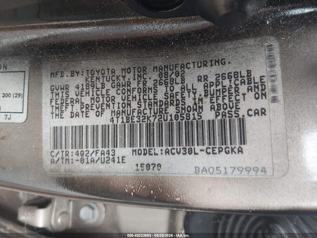 2002 Toyota Camry Xle მანქანა იყიდება აუქციონზე, vin: 4T1BE32K72U105815, აუქციონის ნომერი: 45233993