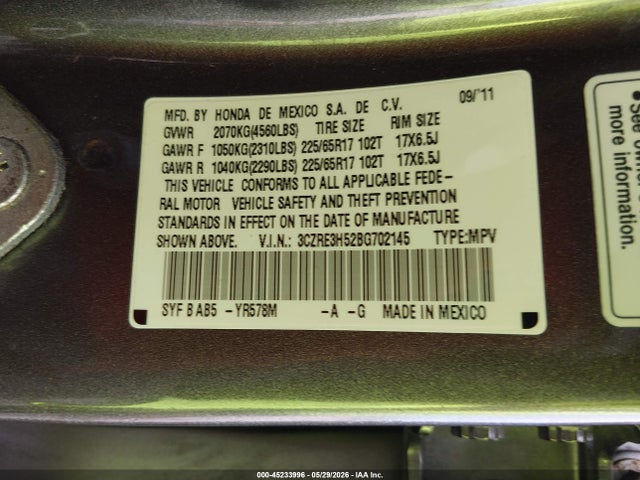 Продаж на аукціоні авто 2011 Honda Cr-v Ex, vin: 3CZRE3H52BG702145, номер лоту: 45233996