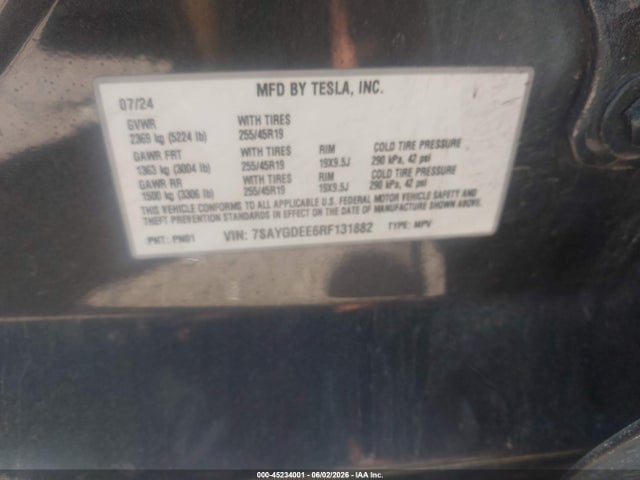 2024 Tesla Model Y Long Range Dual Motor All-wheel Drive მანქანა იყიდება აუქციონზე, vin: 7SAYGDEE6RF131882, აუქციონის ნომერი: 45234001