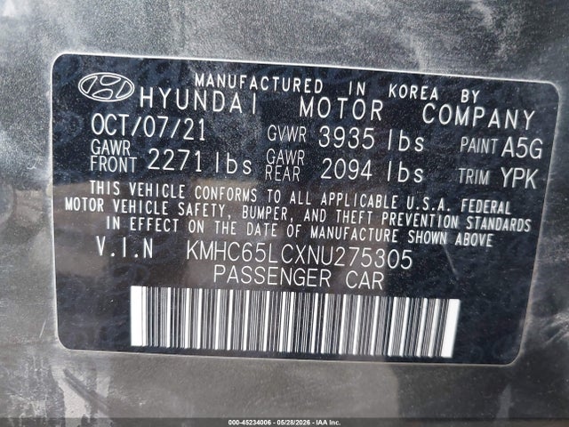 Aukcja sprzedaży 2022 Hyundai Ioniq Hybrid Blue, vin: KMHC65LCXNU275305, numer aukcji: 45234006