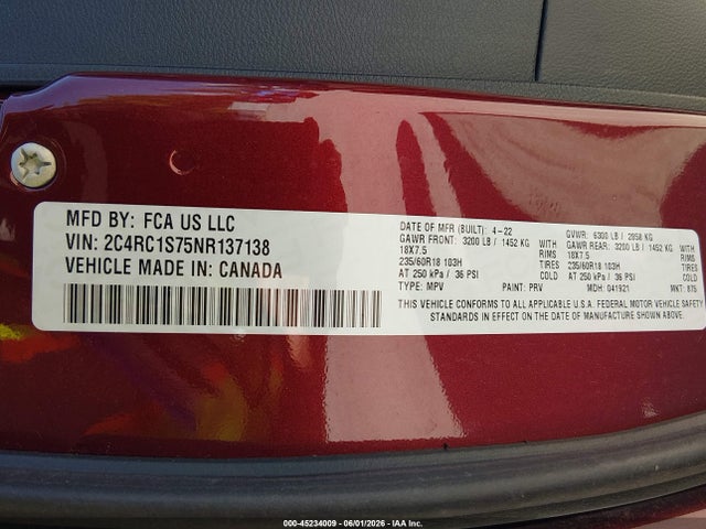 Aukcja sprzedaży 2022 Chrysler Pacifica Hybrid Limited, vin: 2C4RC1S75NR137138, numer aukcji: 45234009