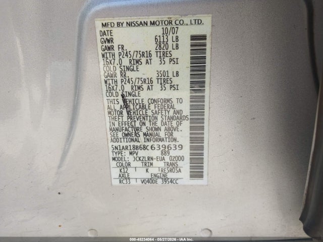 Продаж на аукціоні авто 2008 Nissan Pathfinder S, vin: 5N1AR18B68C639639, номер лоту: 45234064