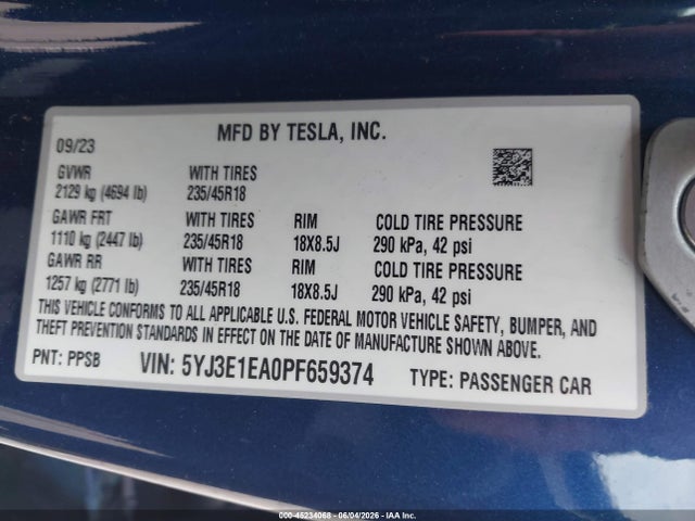 Продаж на аукціоні авто 2023 Tesla Model 3 Rear-wheel Drive, vin: 5YJ3E1EA0PF659374, номер лоту: 45234068