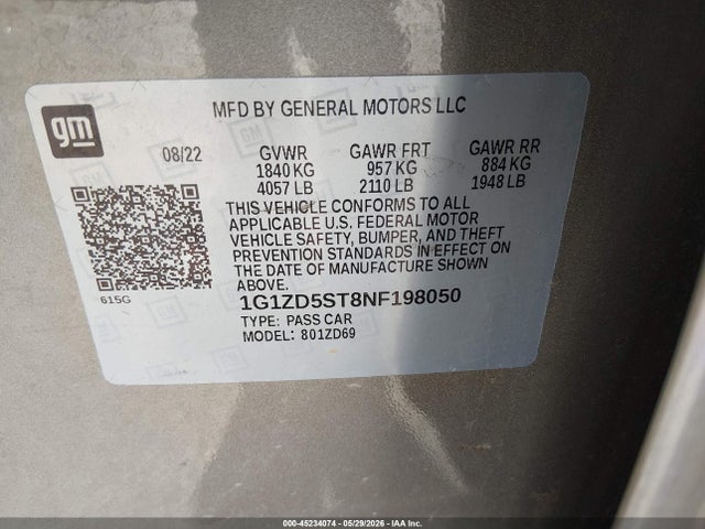 1G1ZD5ST8NF198050 Chevrolet Malibu Fwd Lt