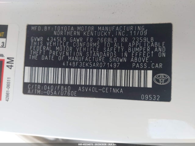 Продажа на аукционе авто 2010 Toyota Camry Le, vin: 4T4BF3EK5AR071497, номер лота: 45234075