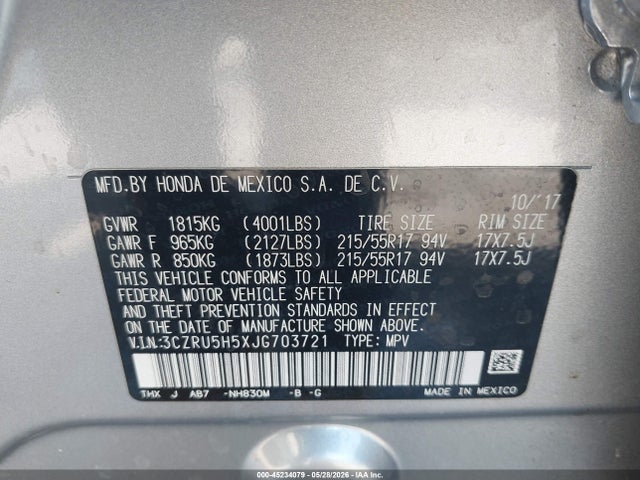 3CZRU5H5XJG703721 Honda HR-V EX
