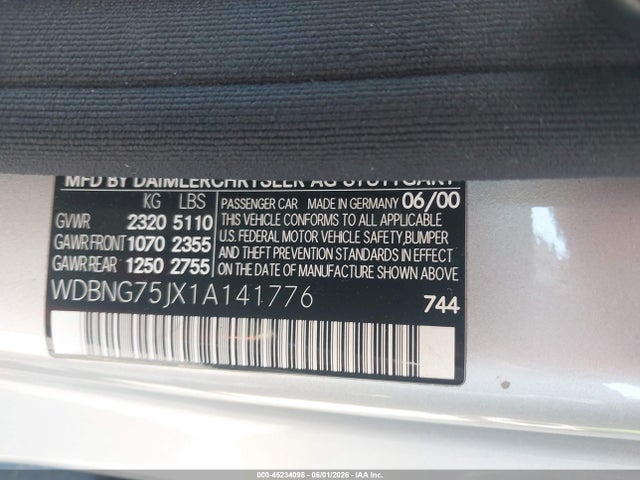 Aukcja sprzedaży 2001 Mercedes-benz S 500, vin: WDBNG75JX1A141776, numer aukcji: 45234098