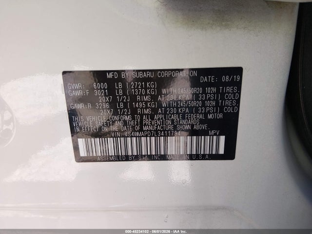 Aukcja sprzedaży 2020 Subaru Ascent Limited, vin: 4S4WMAPD7L3411794, numer aukcji: 45234102