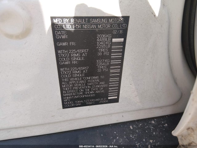 45234114 :رقم المزاد ، KNMAT2MT0GP664165 vin ، 2016 Nissan Rogue Sv مزاد بيع