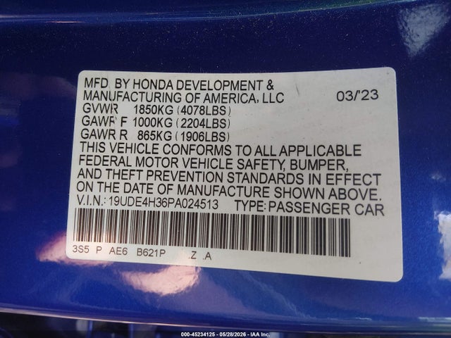 45234125 :رقم المزاد ، 19UDE4H36PA024513 vin ، 2023 Acura Integra A-spec مزاد بيع