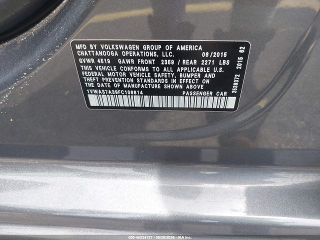 2015 Volkswagen Passat 1.8t Limited Edition მანქანა იყიდება აუქციონზე, vin: 1VWAS7A39FC106614, აუქციონის ნომერი: 45234127