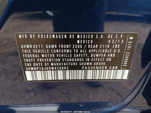 2013 Volkswagen Jetta 2.5l Se მანქანა იყიდება აუქციონზე, vin: 3VWDP7AJ6DM429883, აუქციონის ნომერი: 45234177