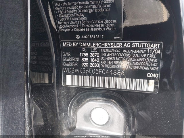 45234201 :رقم المزاد ، WDBWK56F05F044886 vin ، 2005 Mercedes-benz Slk 350 مزاد بيع