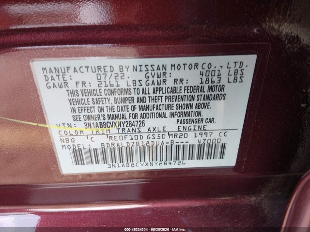 Aukcja sprzedaży 2022 Nissan Sentra Sv Xtronic Cvt, vin: 3N1AB8CVXNY284726, numer aukcji: 45234204