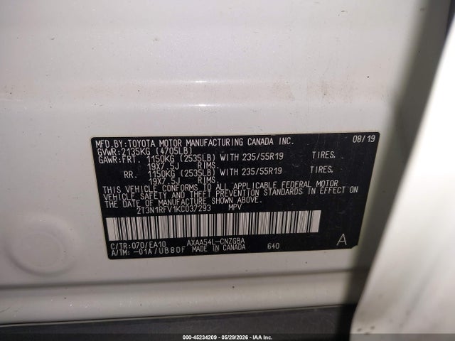 Aukcja sprzedaży 2019 Toyota Rav4 Limited, vin: 2T3N1RFV1KC037293, numer aukcji: 45234209