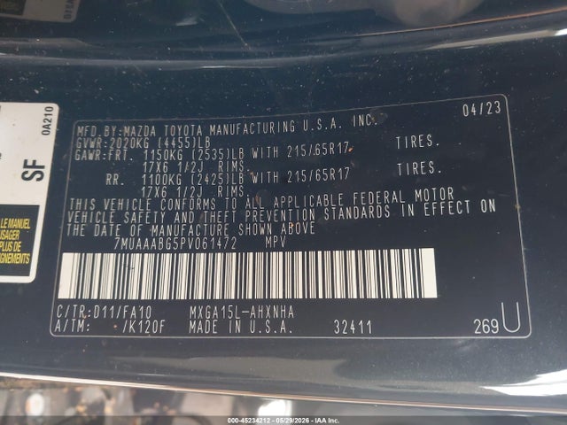 Aukcja sprzedaży 2023 Toyota Corolla Cross L, vin: 7MUAAABG5PV061472, numer aukcji: 45234212
