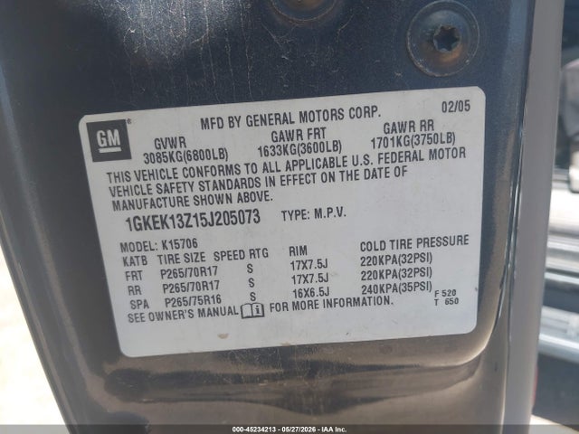 Aukcja sprzedaży 2005 Gmc Yukon Slt, vin: 1GKEK13Z15J205073, numer aukcji: 45234213