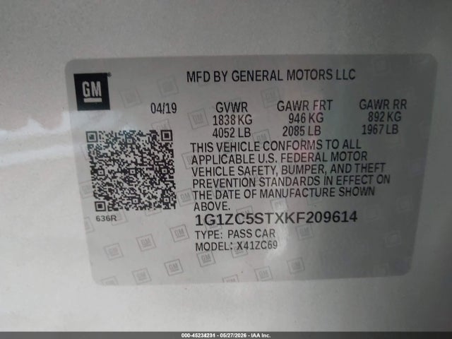 Продаж на аукціоні авто 2019 Chevrolet Malibu 1fl, vin: 1G1ZC5STXKF209614, номер лоту: 45234231