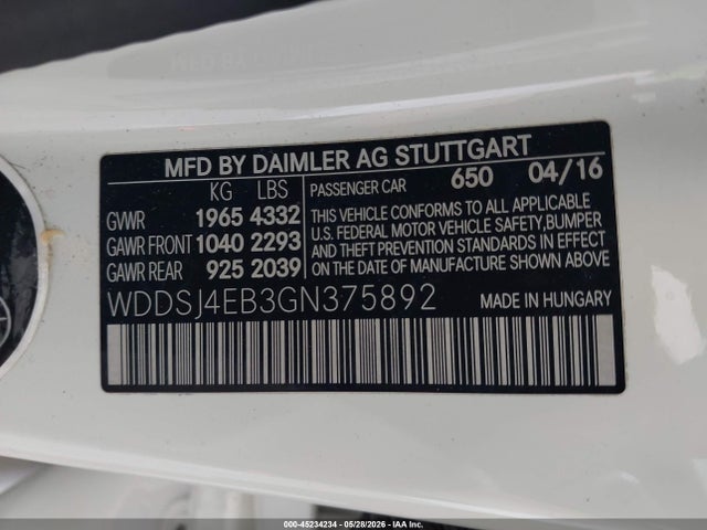 Aukcja sprzedaży 2016 Mercedes-benz Cla 250, vin: WDDSJ4EB3GN375892, numer aukcji: 45234234
