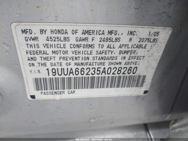 45234237 :رقم المزاد ، 19UUA66235A028260 vin ، 2005 Acura Tl مزاد بيع