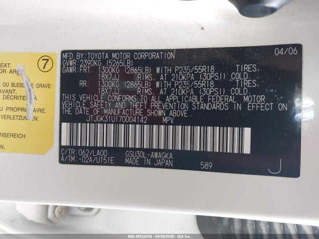 45234238 :رقم المزاد ، JTJGK31U170004142 vin ، 2007 Lexus Rx 350 مزاد بيع