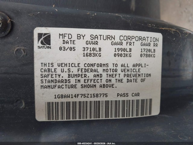 2005 Saturn Ion 3 მანქანა იყიდება აუქციონზე, vin: 1G8AW14F75Z158775, აუქციონის ნომერი: 45234241