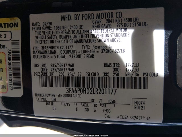 2020 Ford Fusion Se მანქანა იყიდება აუქციონზე, vin: 3FA6P0HD2LR201177, აუქციონის ნომერი: 45234245