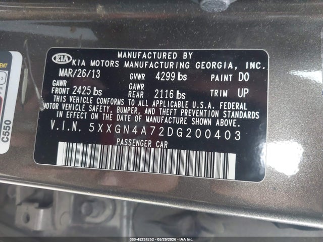 45234252 :رقم المزاد ، 5XXGN4A72DG200403 vin ، 2013 Kia Optima Ex مزاد بيع
