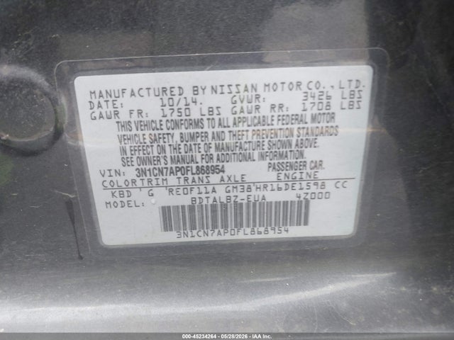2015 Nissan Versa 1.6 Sv მანქანა იყიდება აუქციონზე, vin: 3N1CN7AP0FL868954, აუქციონის ნომერი: 45234264