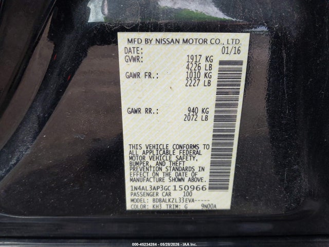 45234284 :رقم المزاد ، 1N4AL3AP3GC150966 vin ، 2016 Nissan Altima 2.5 Sv مزاد بيع
