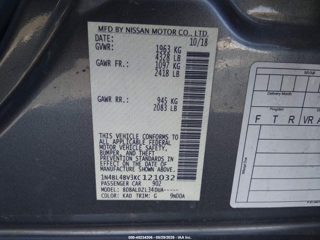 Продаж на аукціоні авто 2019 Nissan Altima 2.5 S, vin: 1N4BL4BV3KC121032, номер лоту: 45234306