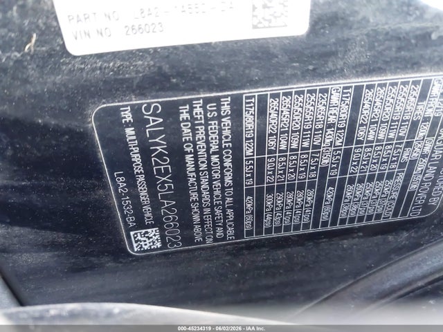 45234319 :رقم المزاد ، SALYK2EX5LA266023 vin ، 2020 Land Rover Range Rover Velar P250 R-dynamic S مزاد بيع