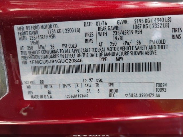 Продаж на аукціоні авто 2016 Ford Escape Titanium, vin: 1FMCU9J91GUC20846, номер лоту: 45234334