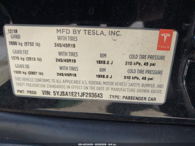 Aukcja sprzedaży 2018 Tesla Model S 100d/75d/p100d, vin: 5YJSA1E21JF293643, numer aukcji: 45234355